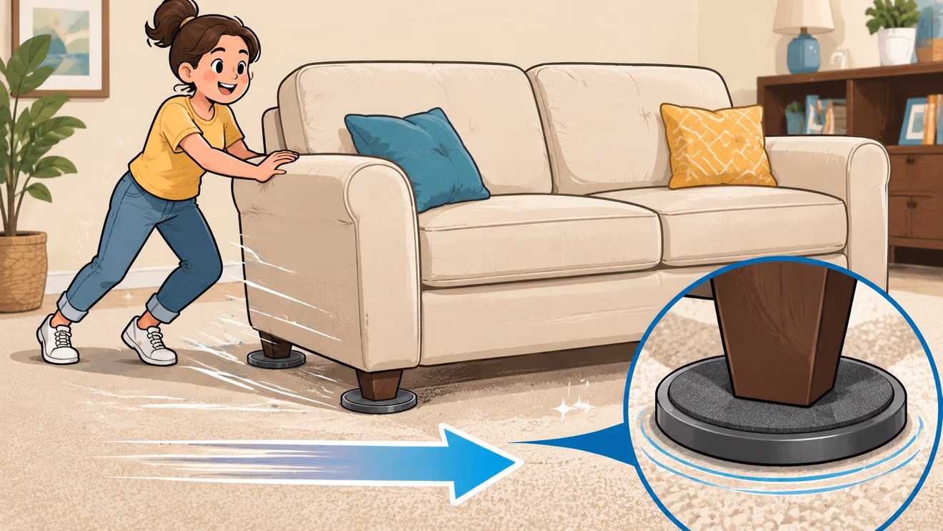 A woman easily pushes a heavy beige sofa across a carpet using furniture sliders for easier movement.