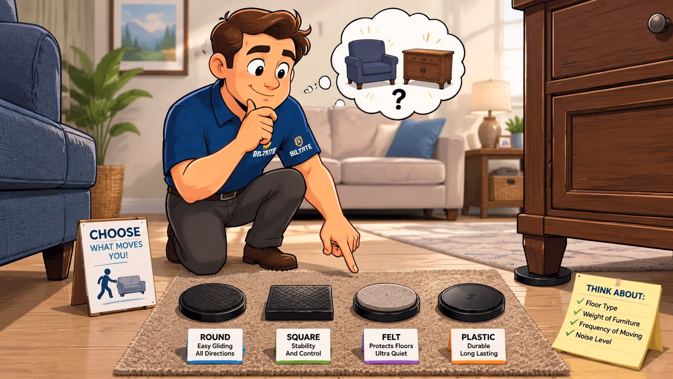 A professional man demonstrating furniture slider options for carpet on a living room rug.