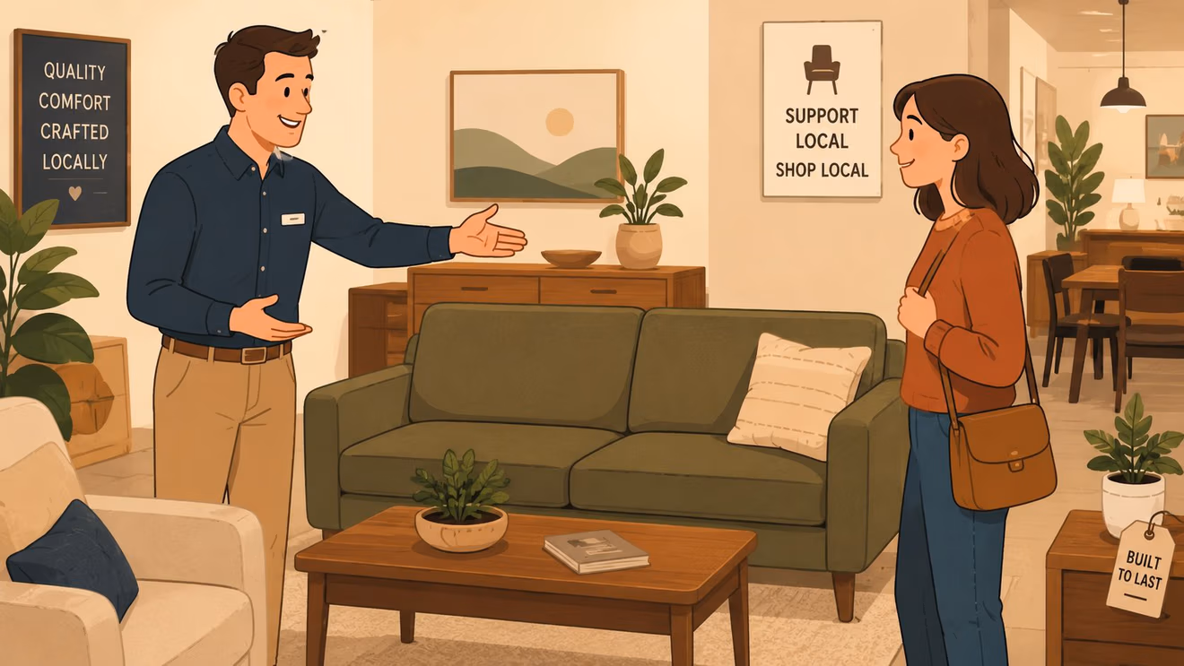 A friendly furniture store employee gestures toward a green sofa while assisting a customer in a showroom.