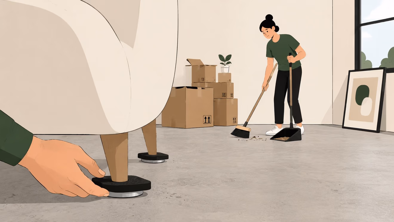 A person placing heavy-duty furniture sliders under a sofa leg while another person sweeps the floor.