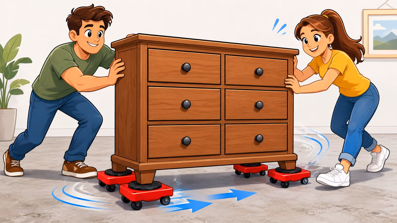 A man and woman using red heavy duty furniture sliders to move a wooden dresser across concrete.