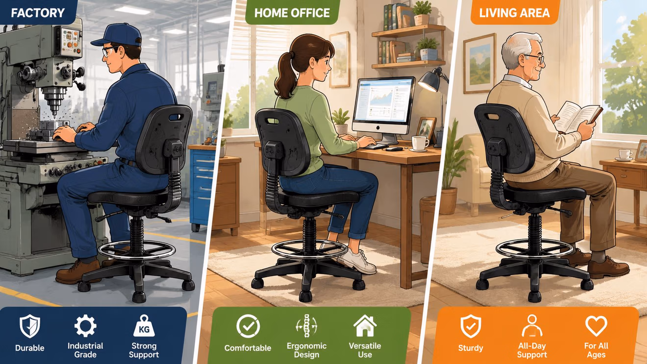 Three illustrations show a heavy duty industrial chair being used in factory, home office, and living area settings.