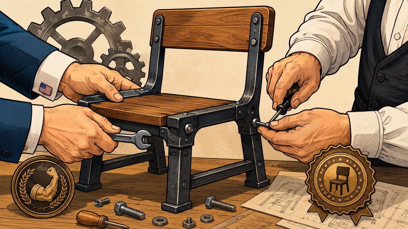 Two professional hands assembling a heavy duty industrial chair with tools on a wooden workbench background.