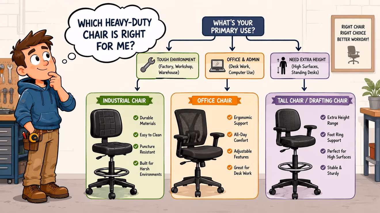A flowchart illustration helping users choose between industrial, office, and drafting chairs based on their work environment.