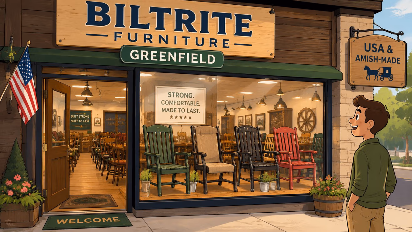 A young man looking into the display window of a Biltrite Furniture store featuring heavy duty chairs.
