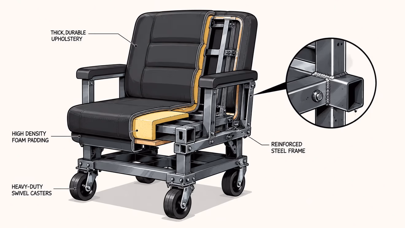 A cutaway illustration of a heavy-duty industrial chair showing reinforced steel framing, high-density foam, and durable upholstery.