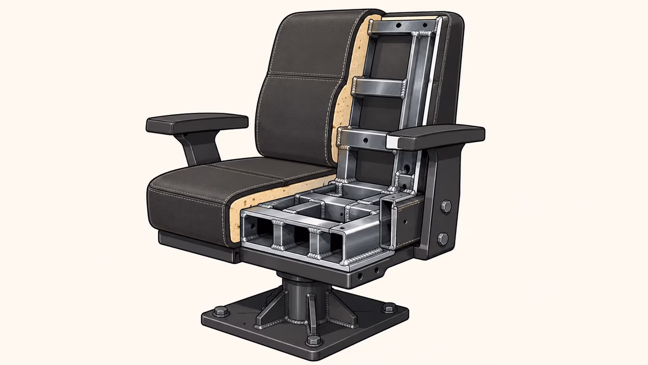 A cutaway view showing the reinforced steel frame structure inside a heavy duty industrial chair.