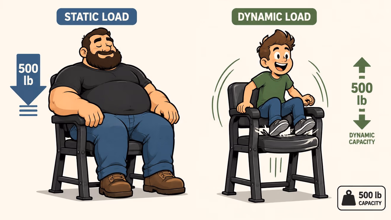 A diagram comparing static load versus dynamic load for a heavy duty industrial chair with capacity labels.