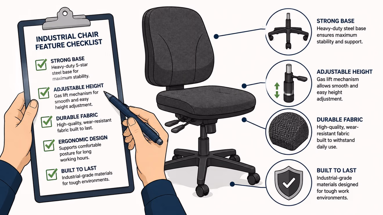 A checklist of industrial chair features being reviewed by hands, showing a comfortable office chair with key components.