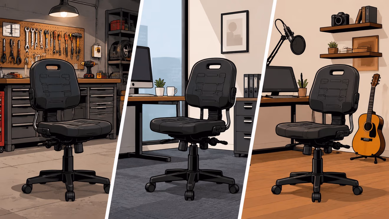Three different versions of a heavy duty industrial ergonomic chair displayed in workshop, office, and creative studio settings.