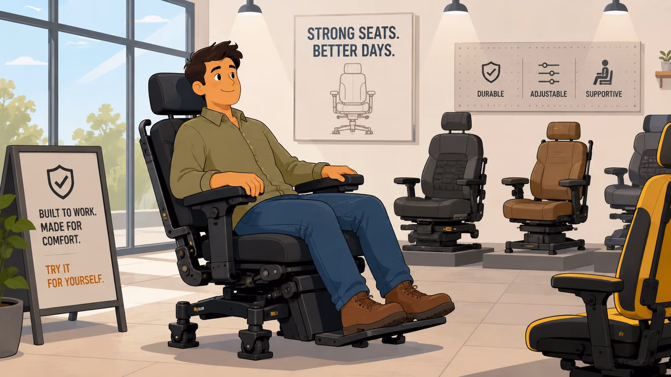 A man sitting comfortably in a high-quality heavy duty industrial chair in a showroom setting.