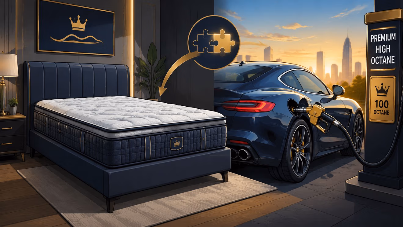 A luxurious dark blue mattress combined with a high-octane fueling theme for premium sleep comfort.