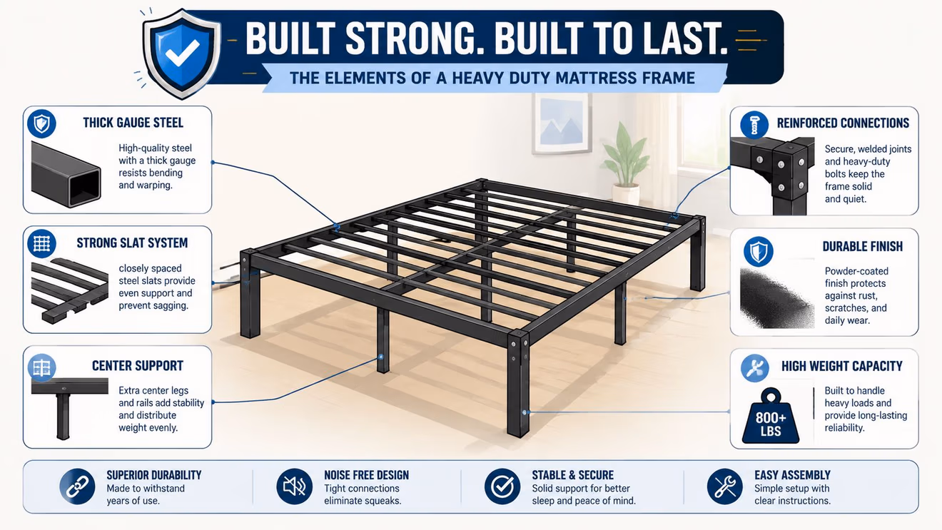 A diagram highlighting the key durable construction features of a black heavy duty steel mattress frame.
