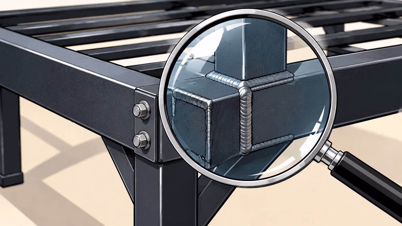 A magnifying glass focusing on the strong welded joints of a heavy duty metal mattress frame.