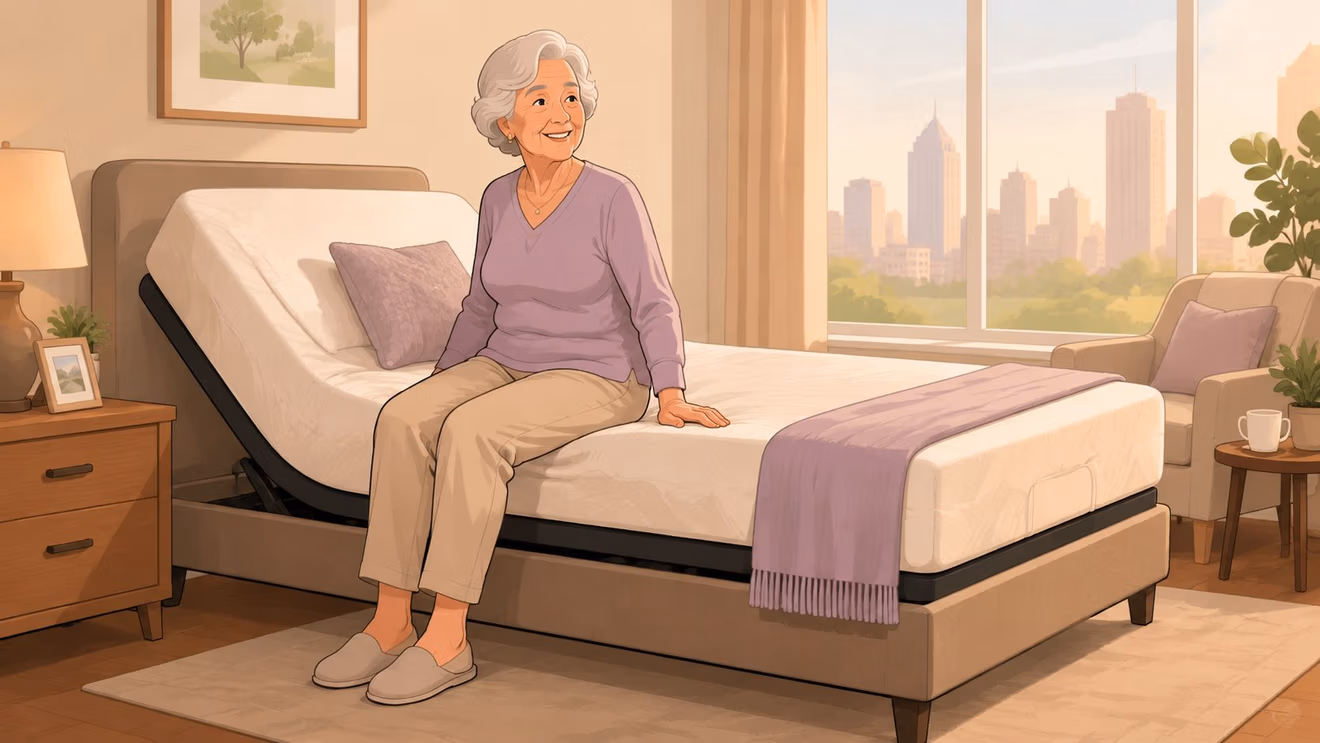 A happy senior woman sitting on an adjustable medical bed in a bright, modern bedroom overlooking city skyline.