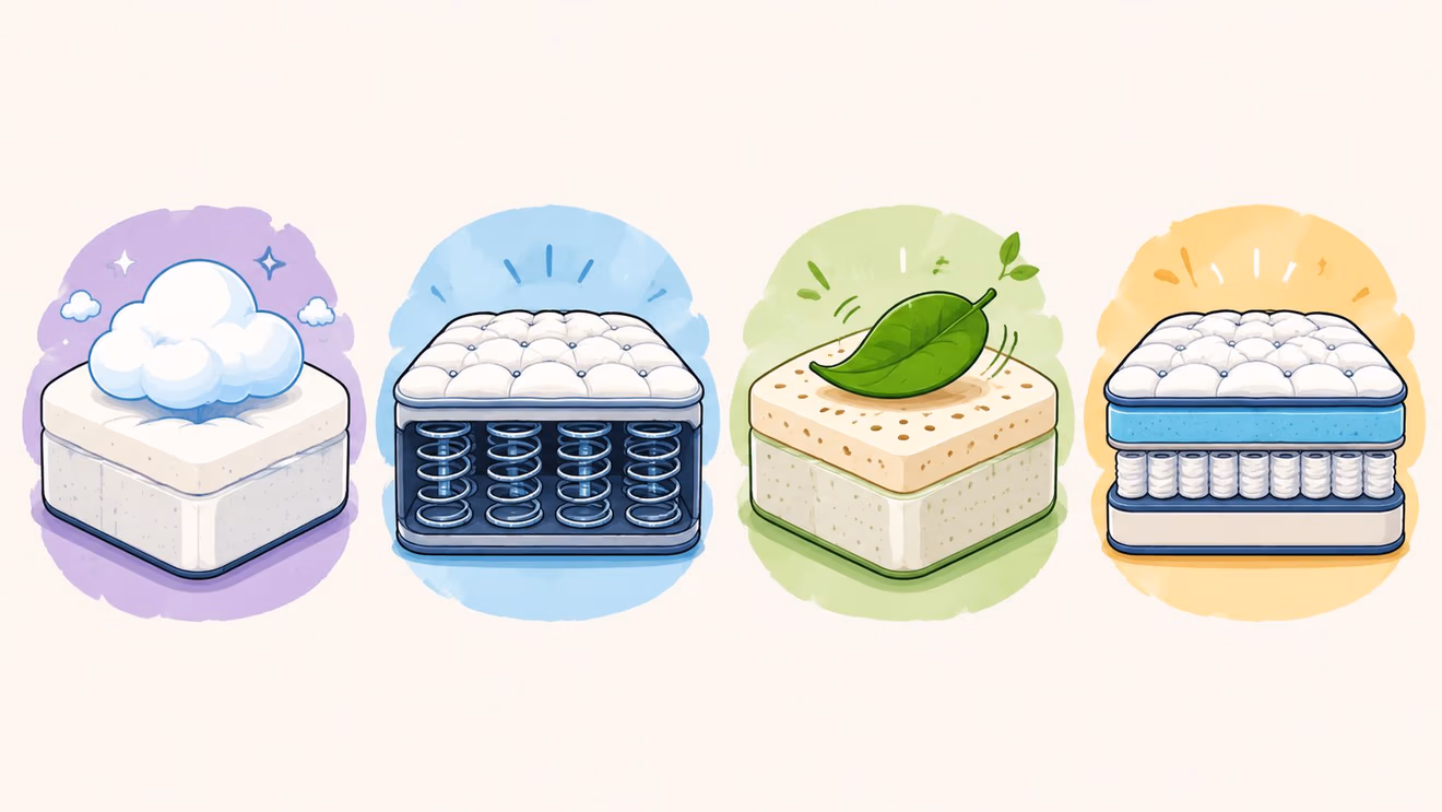 An illustration showing four different types of mattresses, including foam, innerspring, latex, and hybrid designs.