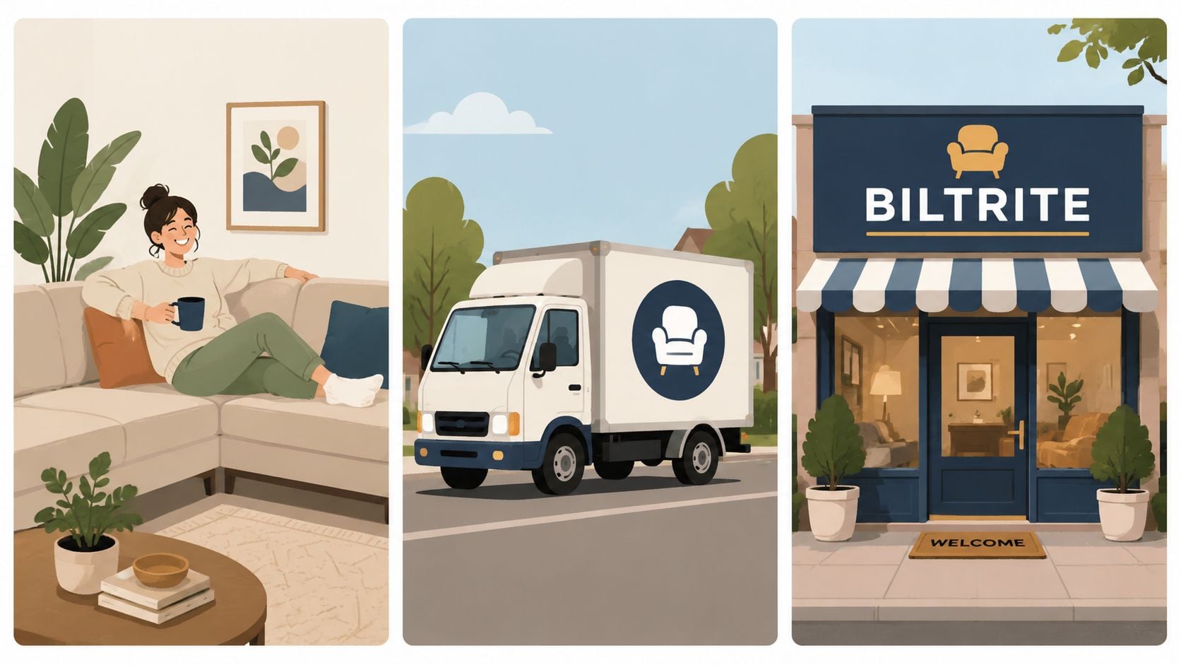 A three-part illustration showing a person relaxing on a sectional, a delivery truck, and a furniture store.