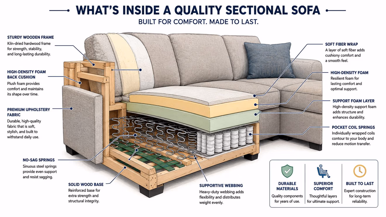 A detailed diagram illustrating the inner construction components of a high-quality sectional sofa for comfortable seating.