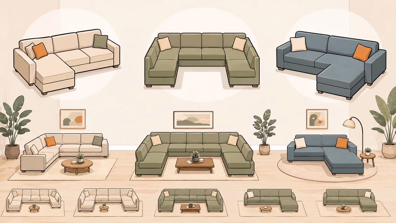 A collection of various modular sectional sofa designs shown in different configurations, colors, and room settings.