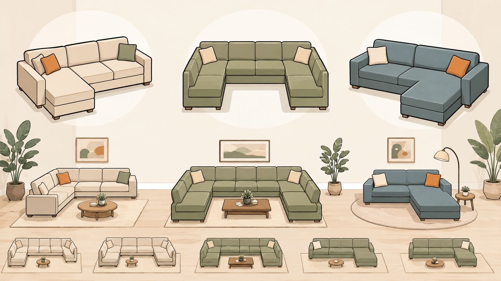 A collection of various modular sectional sofa designs shown in different configurations, colors, and room settings.