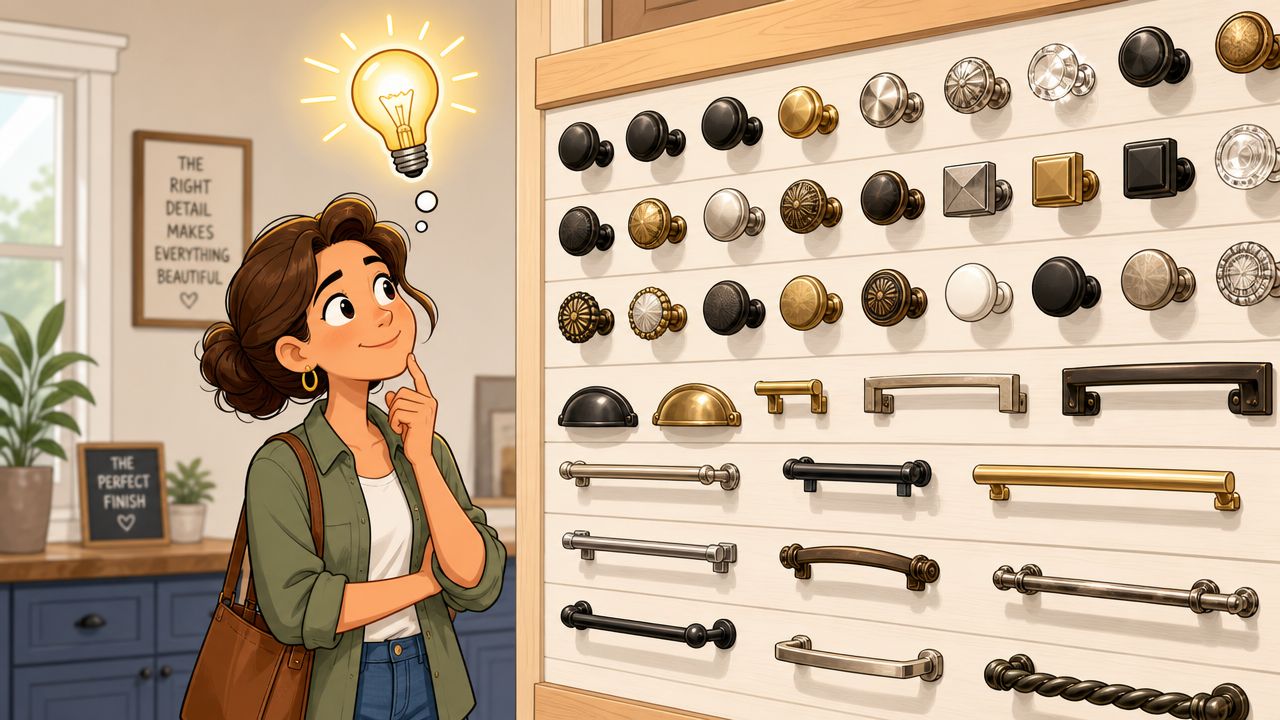 A woman shopping for cabinet hardware, looking at a wall display of various knobs and drawer pulls.