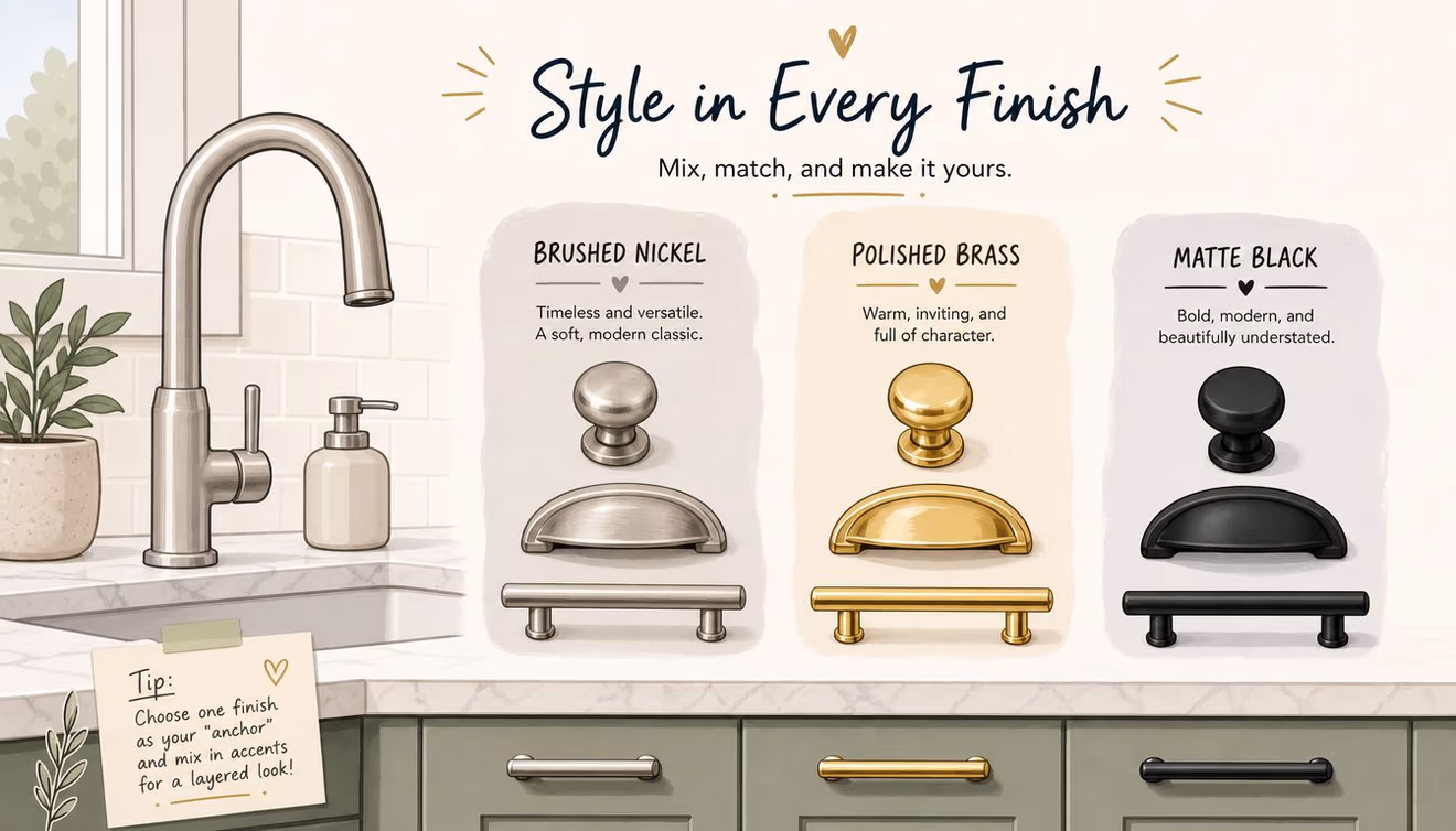 A design guide illustration showcasing kitchen cabinet hardware finishes: brushed nickel, polished brass, and matte black.
