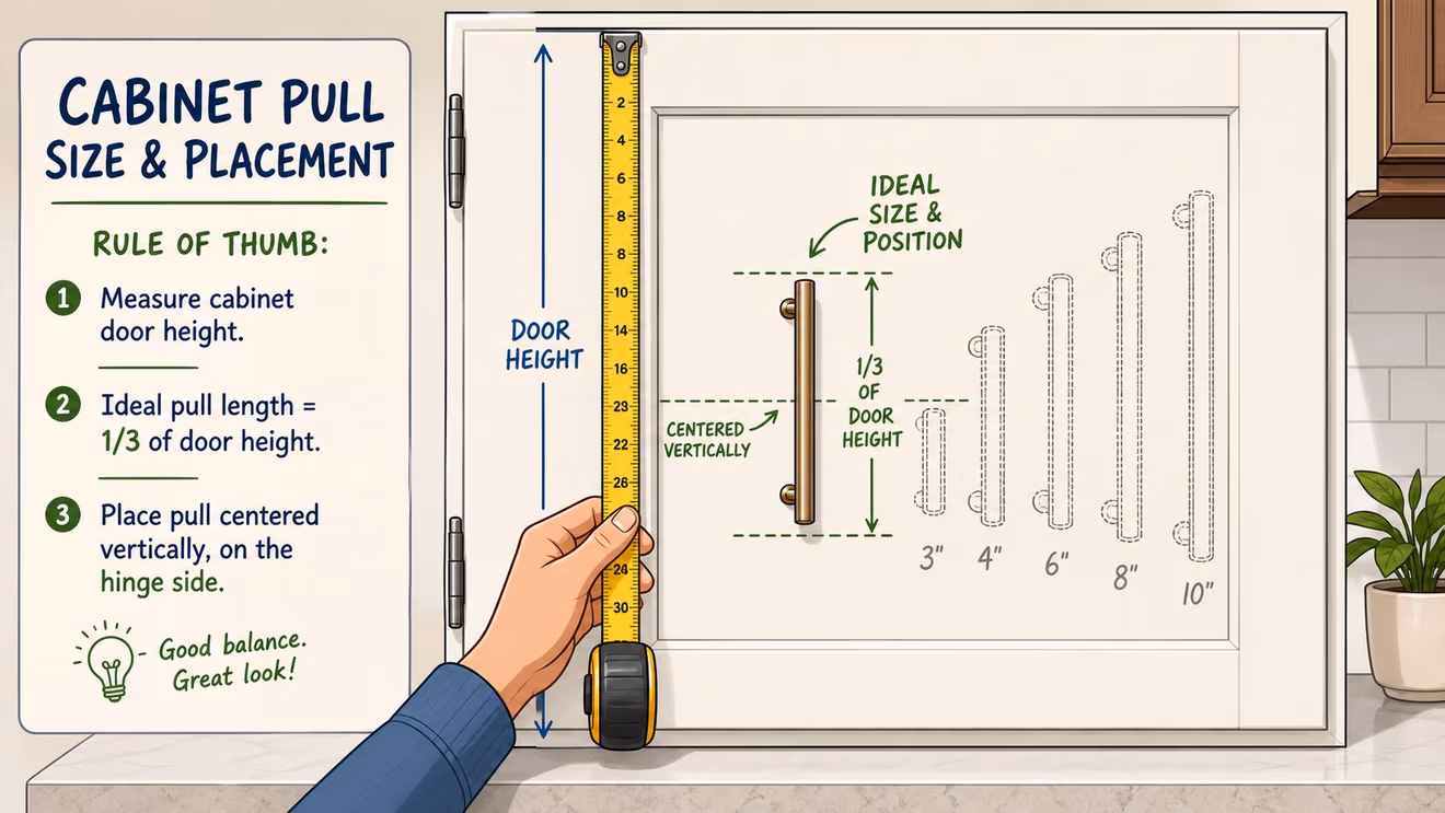 An infographic showing how to measure a cabinet door to choose the correct size cabinet pull hardware.
