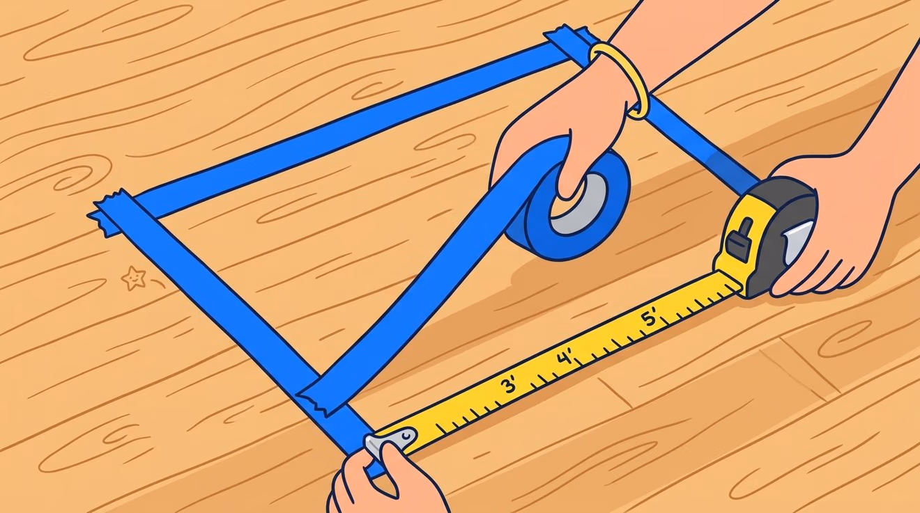 A person using a tape measure and painter's tape to determine the ideal area rug size.
