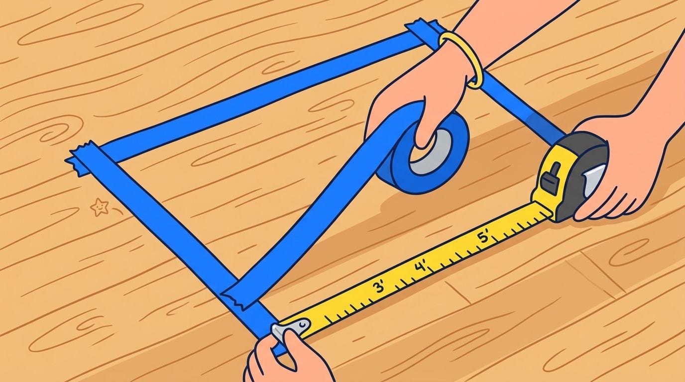 A person using a tape measure and painter's tape to determine the ideal area rug size.