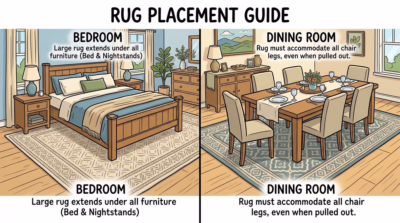An educational guide illustrating recommended rug placement for a bedroom and a dining room interior design.