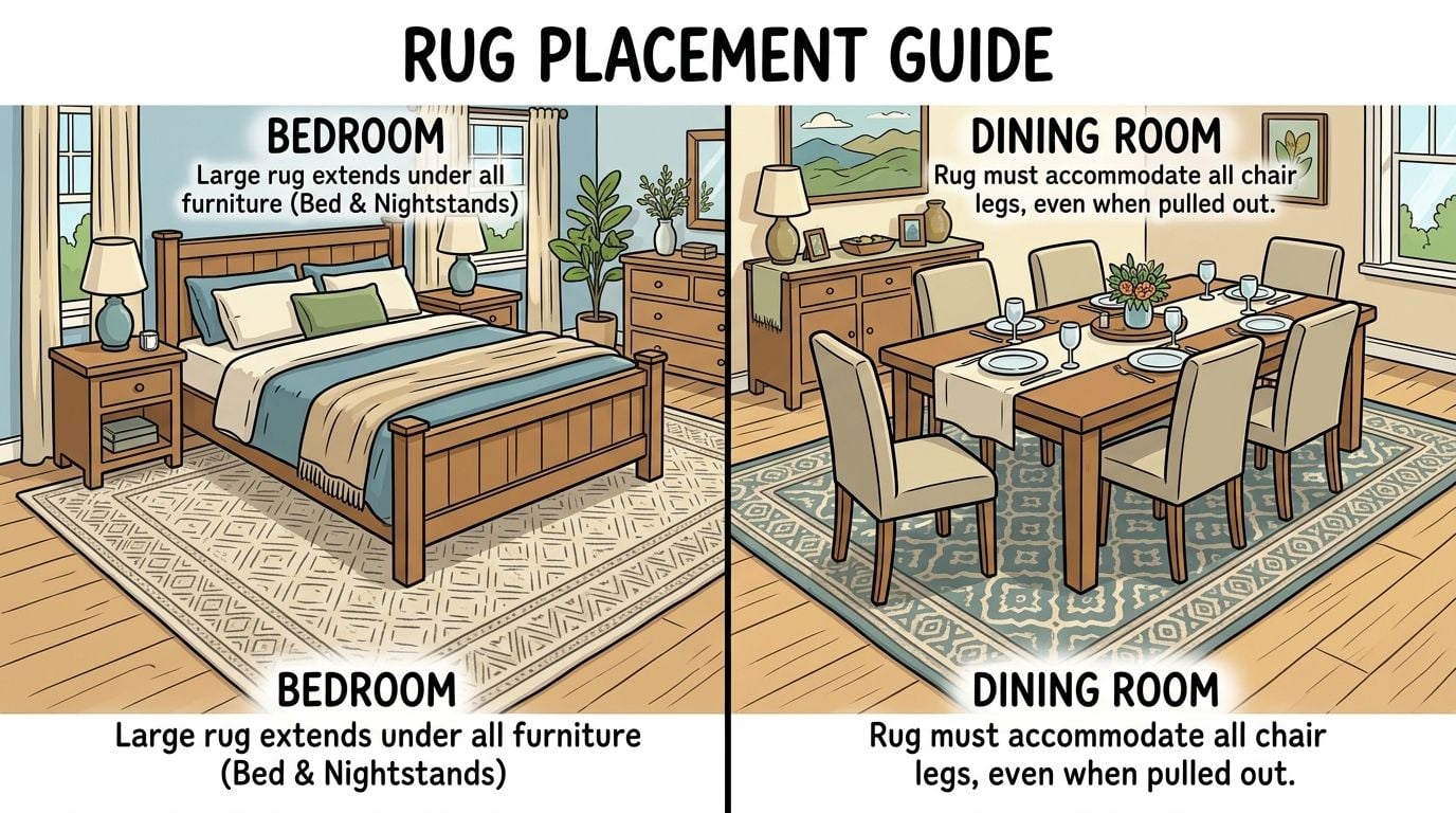 An educational guide illustrating recommended rug placement for a bedroom and a dining room interior design.