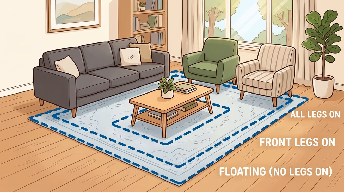 A diagram illustrating three different rug placement styles in a living room with a sofa and armchairs.