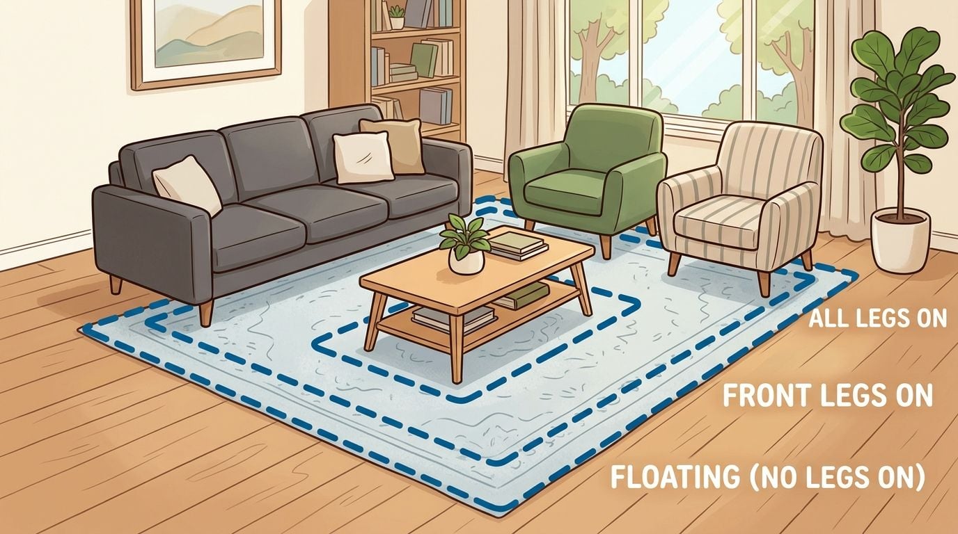 A diagram illustrating three different rug placement styles in a living room with a sofa and armchairs.