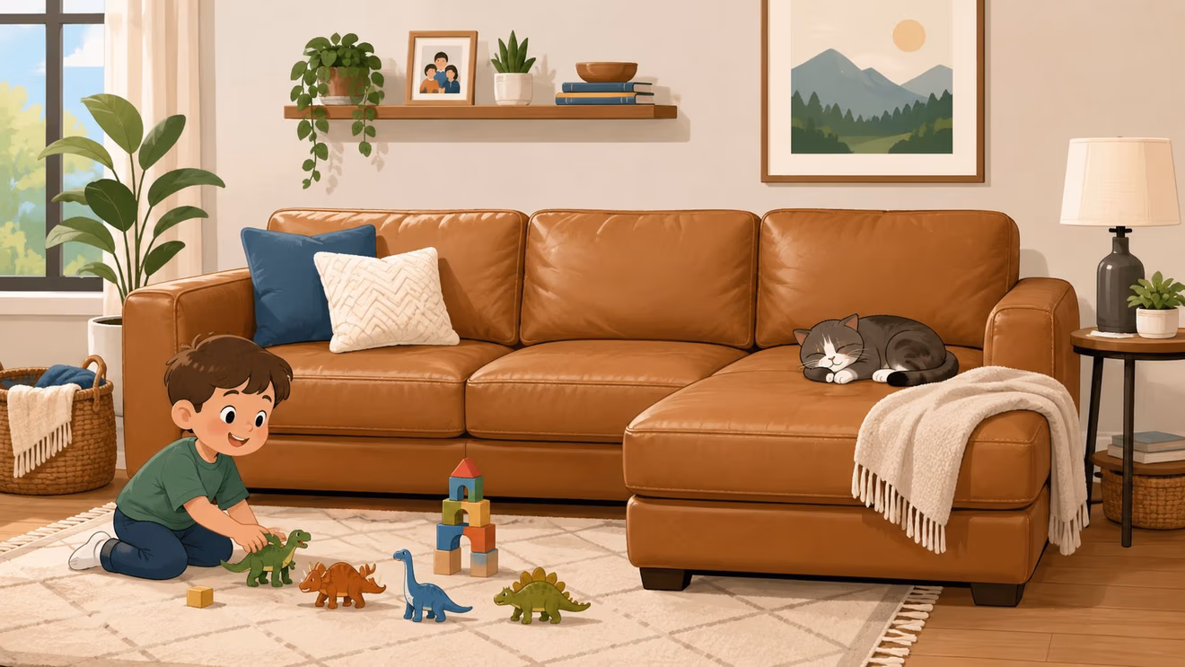 A young boy plays with dinosaur toys on a rug in front of a brown leather sofa.