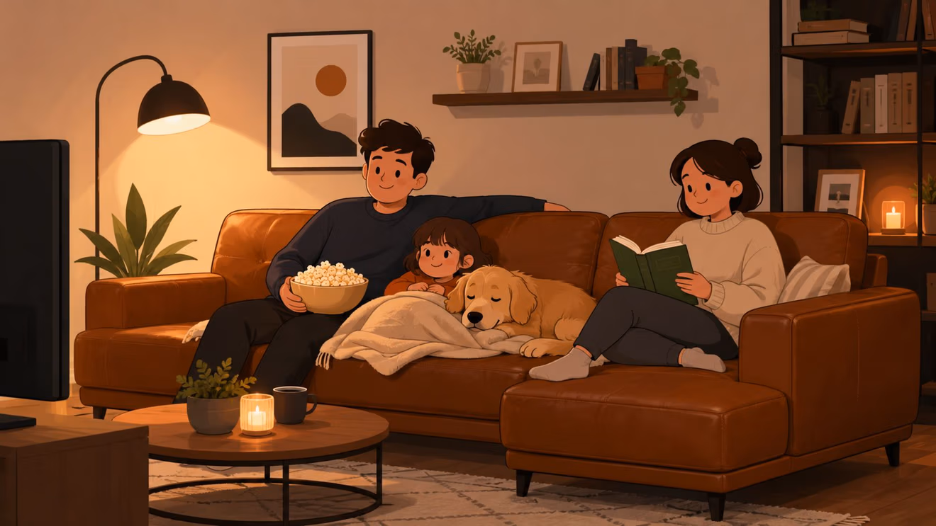 A happy family relaxing on a comfortable brown leather sofa at home with their pet dog.
