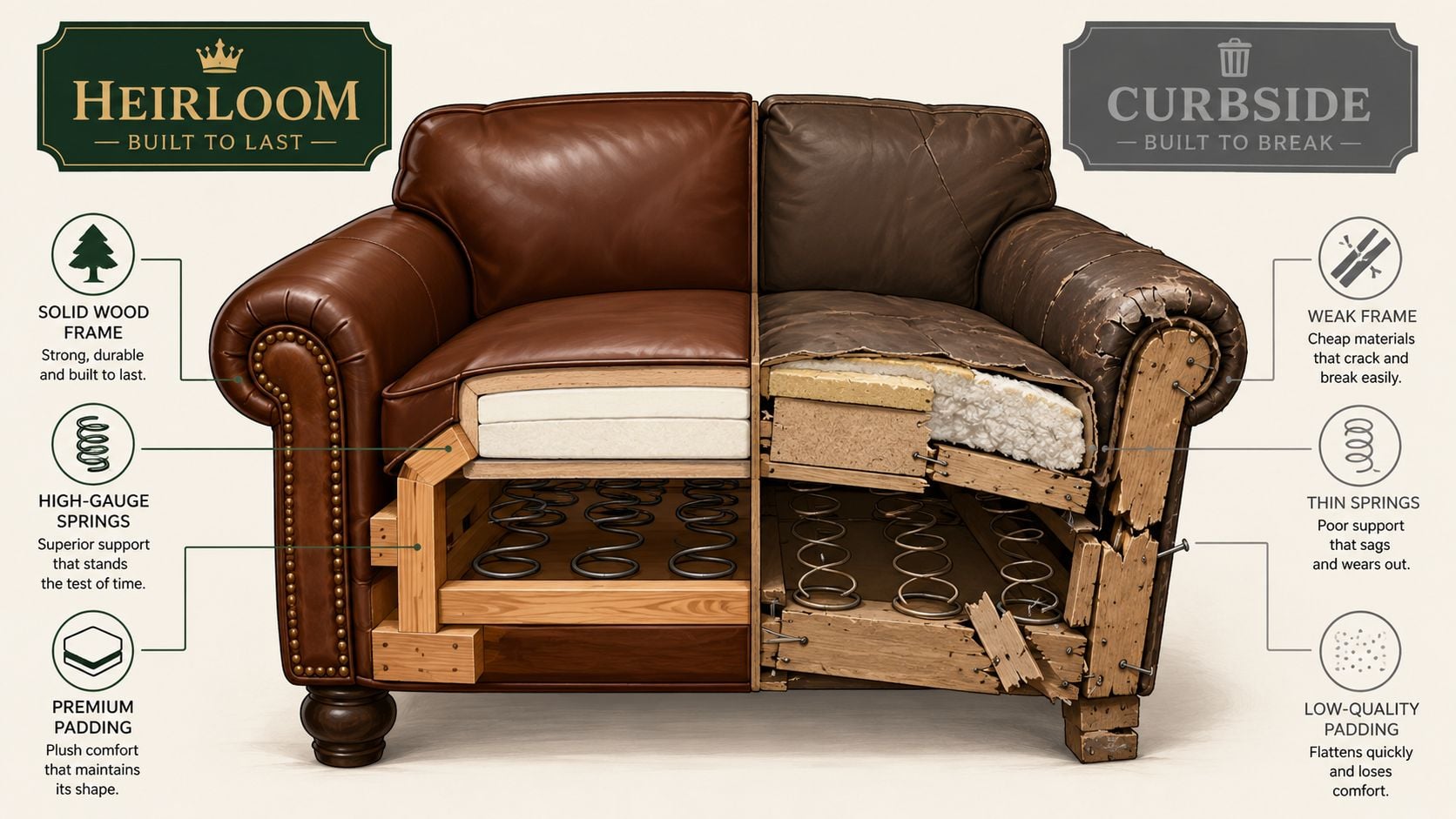 A cutaway comparison showing the high-quality durable construction of Heirloom furniture versus cheap, poorly made Curbside furniture.