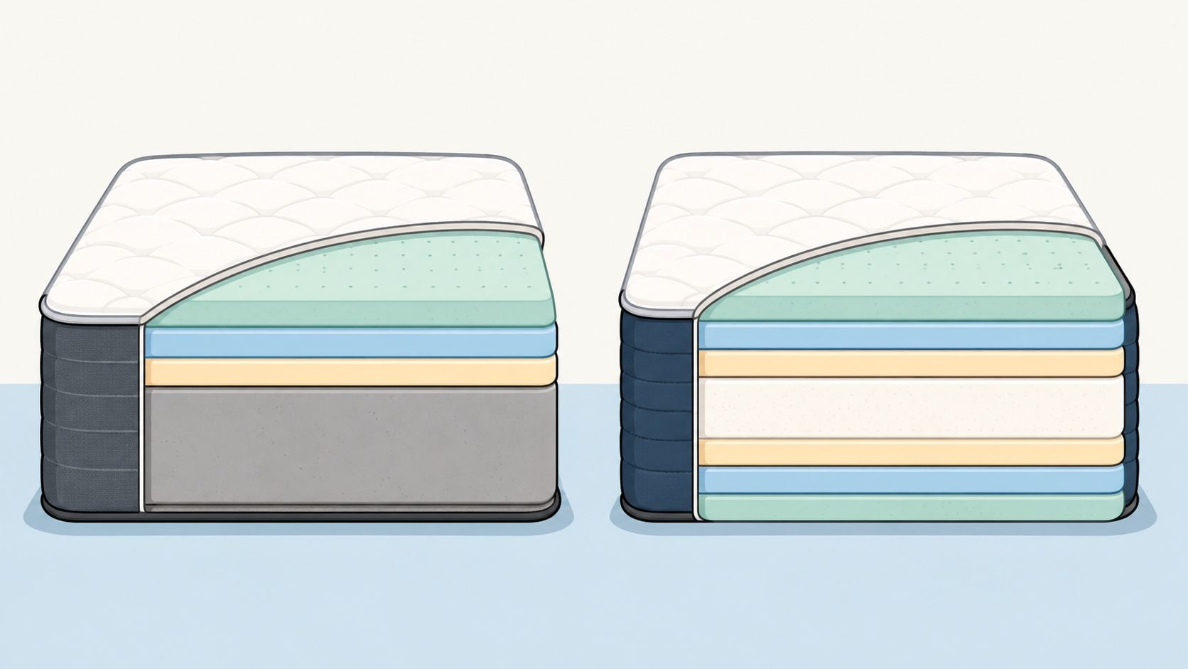 A cutaway illustration comparing the layered interior structures of two different types of mattresses for better comfort.