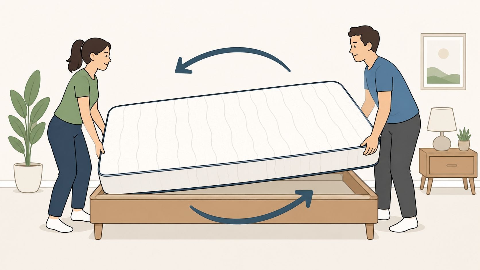 A couple working together to rotate a mattress on a wooden bed frame in a cozy bedroom.