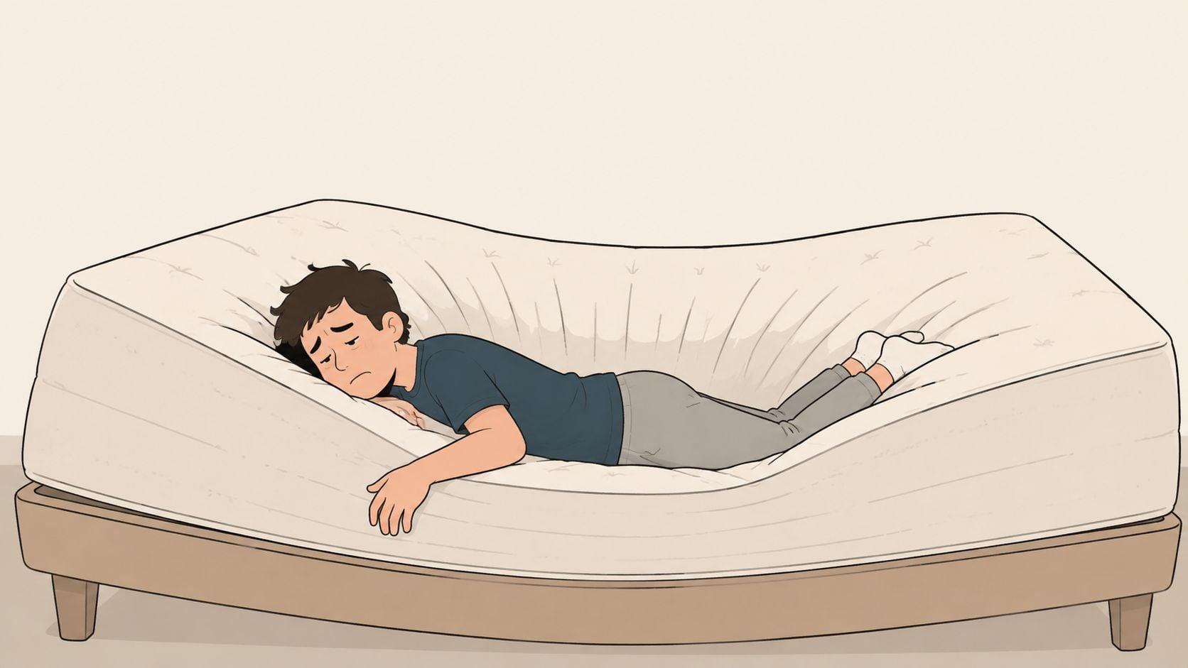 A tired person lying face down on a sagging, worn-out mattress on a bed frame.