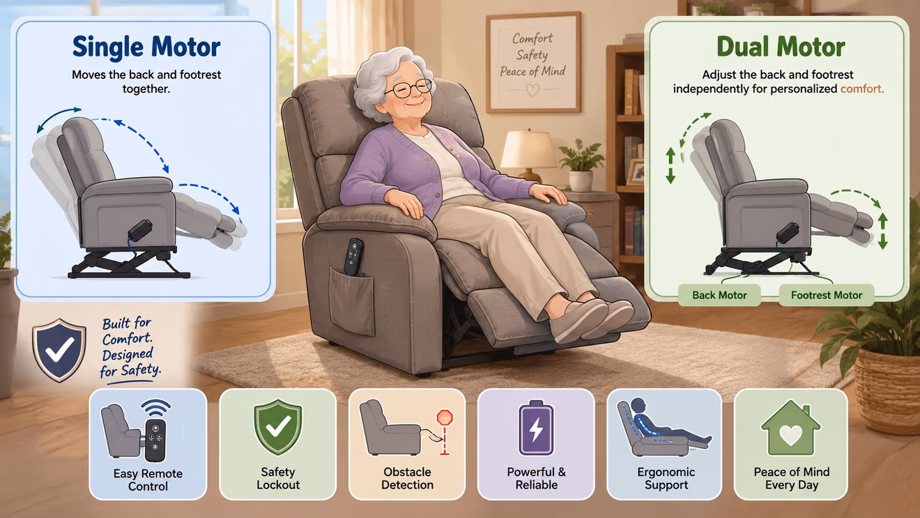 An elderly woman relaxing in a power recliner, showcasing single versus dual motor adjustment options and features.