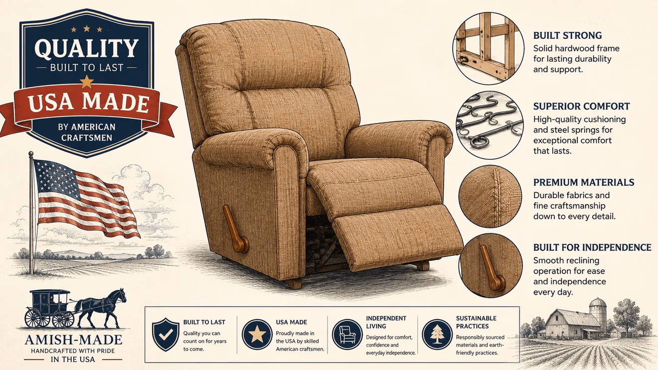 A high-quality American-made recliner chair designed for comfort, durability, and support for independent living.