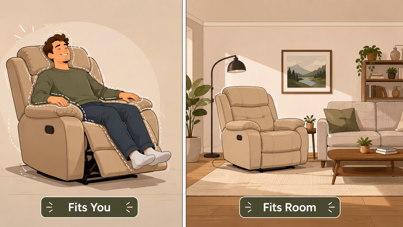 A dual-panel illustration showcasing a recliner chair that fits both a person and a living room space.