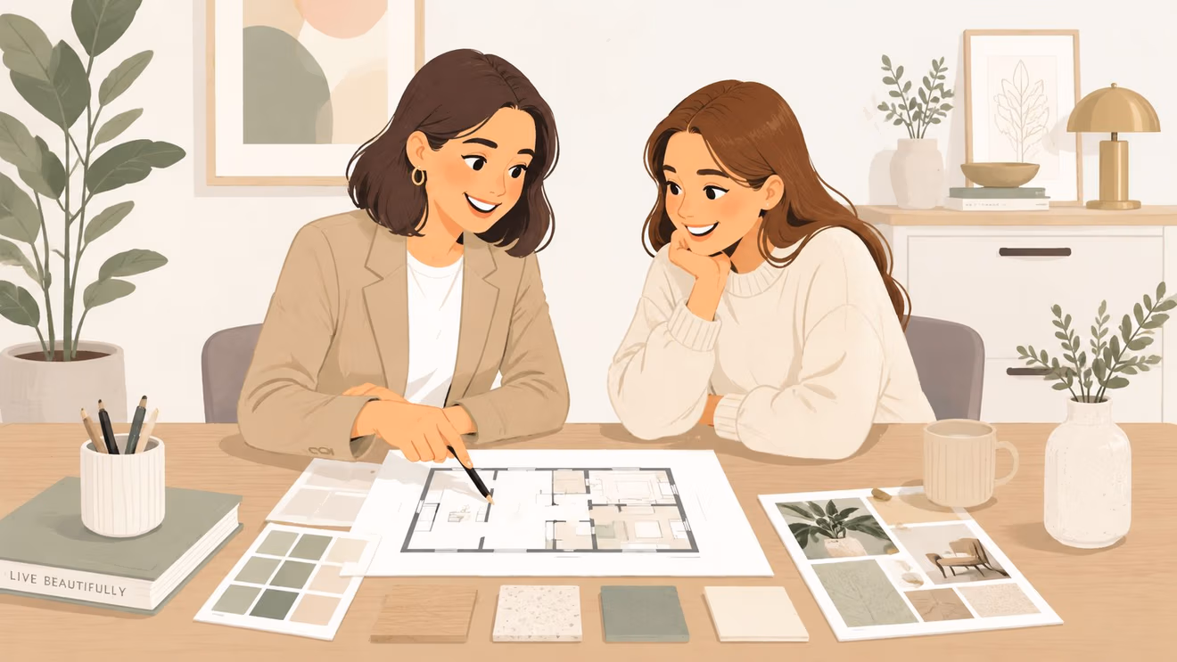 Two women collaborating on an interior design project while reviewing architectural floor plans and material samples.
