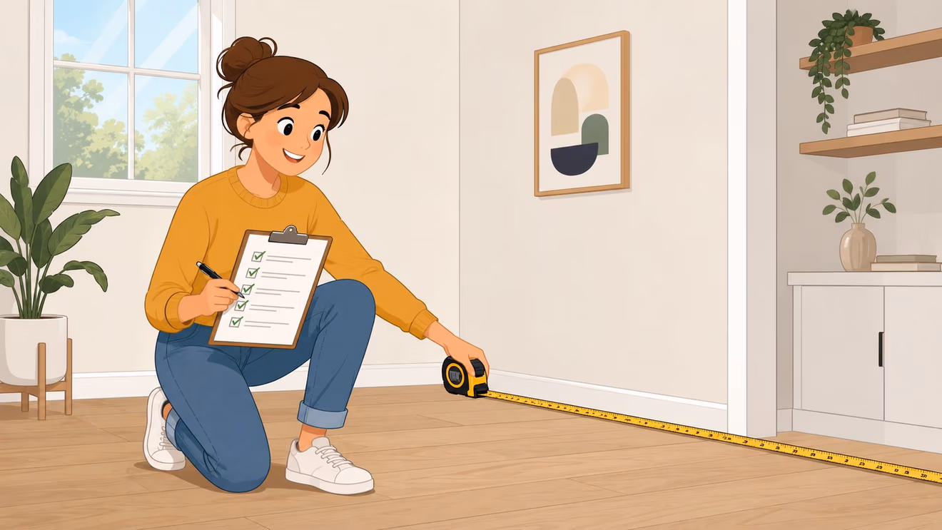 A young woman in a yellow sweater measuring the floor of a room with a tape measure.