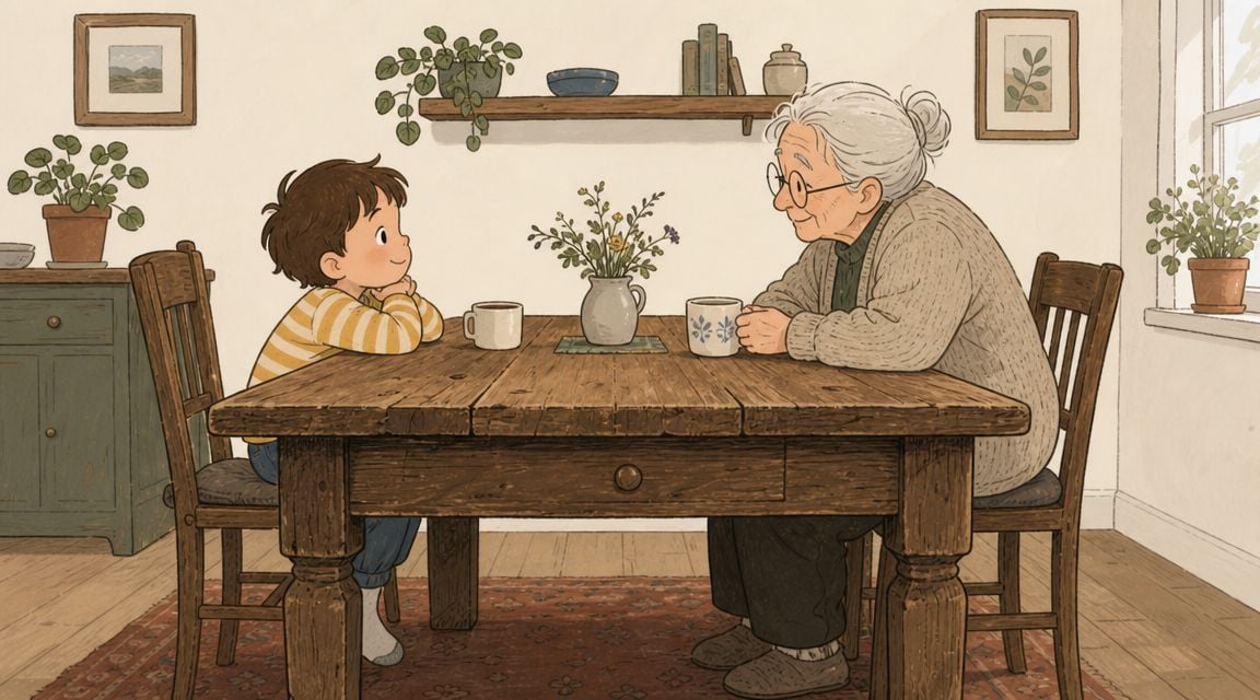 A young boy and an elderly woman sharing a quiet, heartwarming conversation across a rustic wooden table.