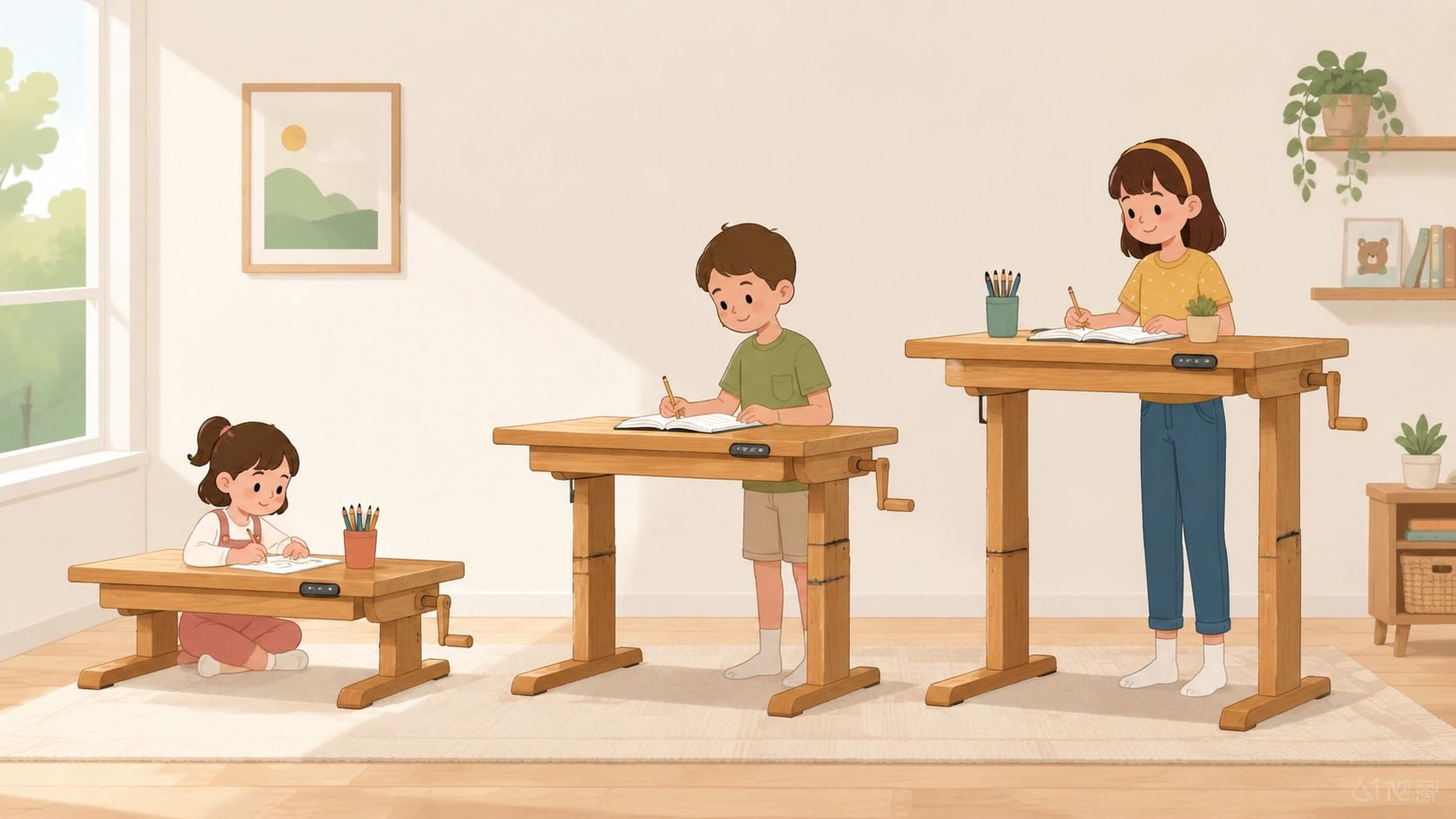 Three children of different ages use adjustable height wooden desks to study and draw in a room.