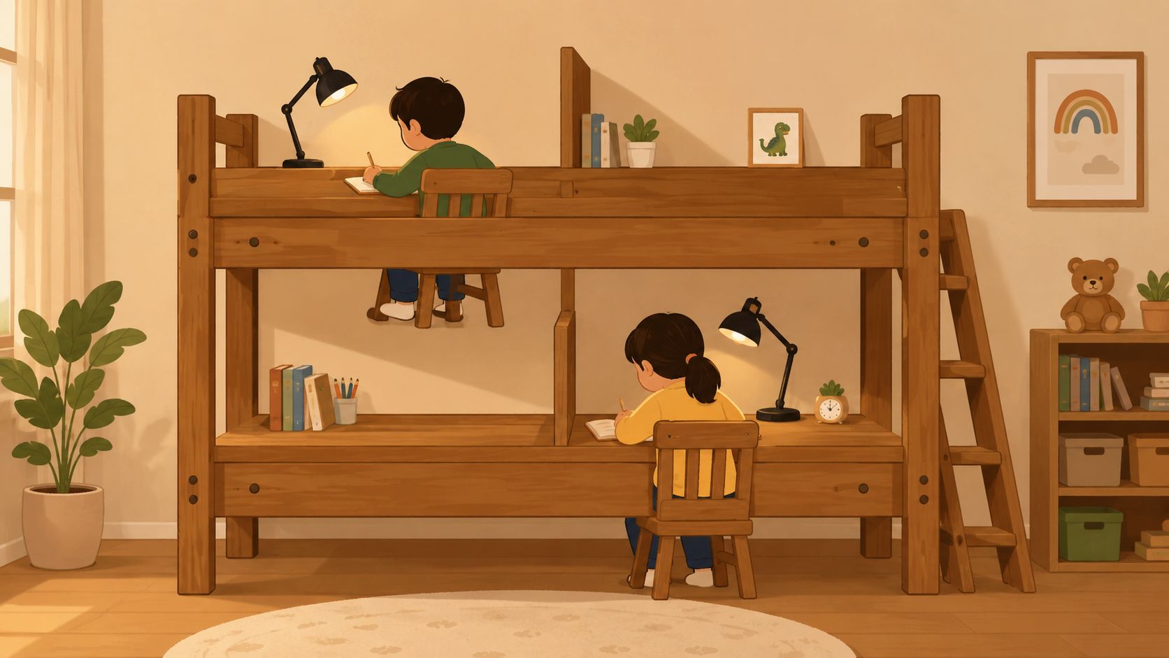 Two children sitting at a wooden bunk bed desk structure studying in a cozy bedroom setting.