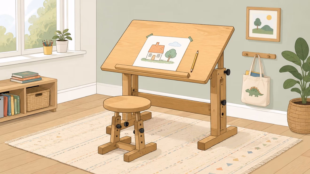 A wooden adjustable kids drawing desk with a matching stool on a rug in a bright room.