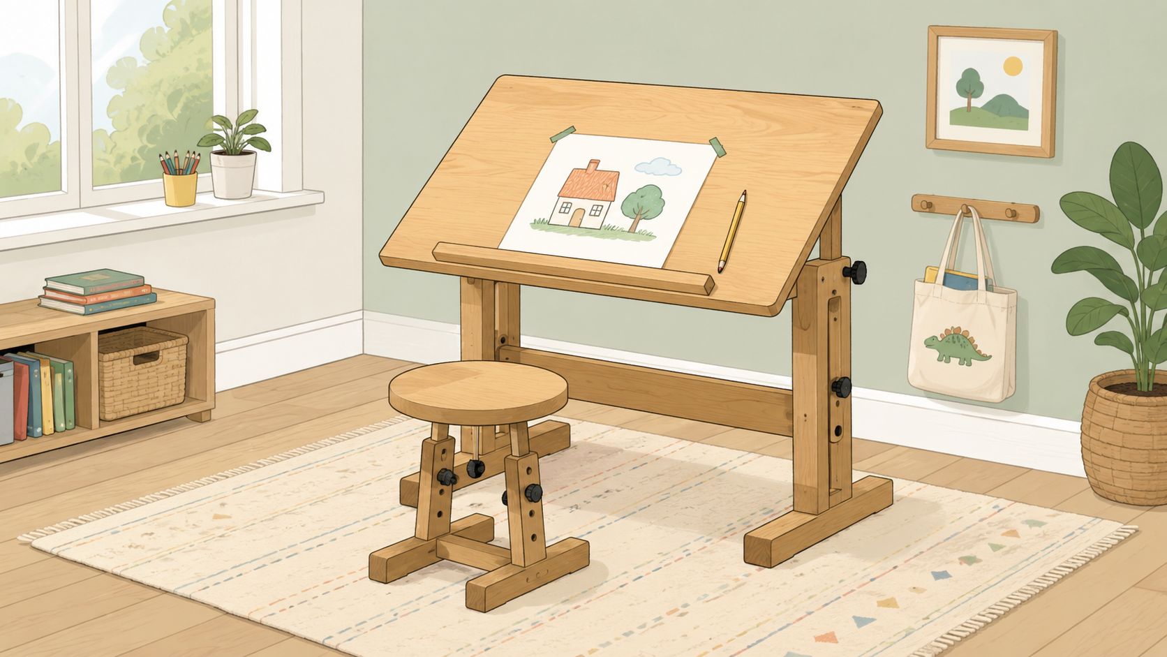 A wooden adjustable kids drawing desk with a matching stool on a rug in a bright room.