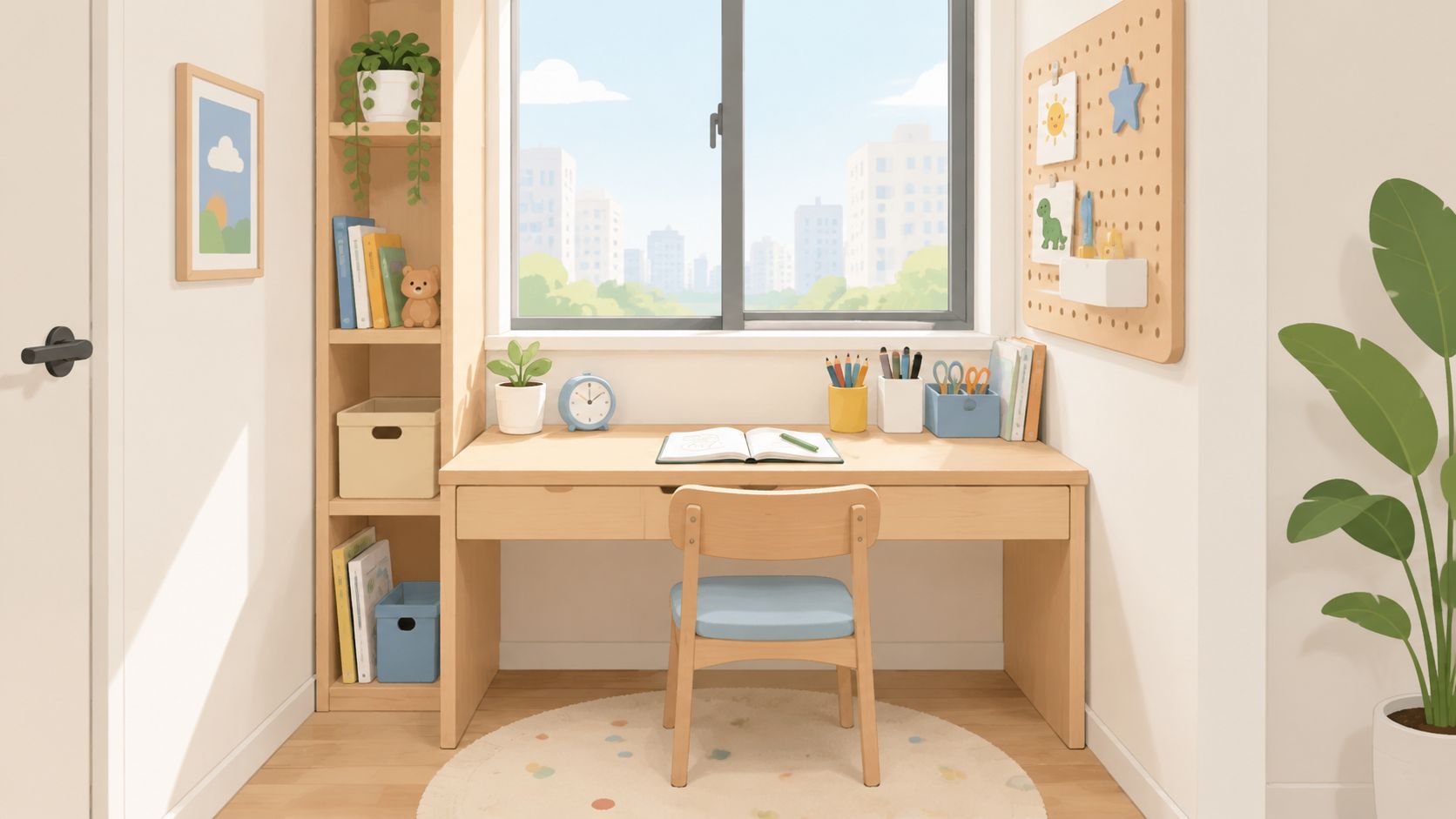 A cozy, minimalist children's desk setup with wooden furniture, a small plant, and sunny window view.
